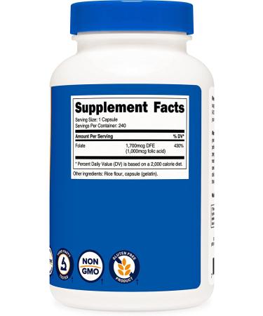 Nutricost Folic Acid 1000 mcg - 240 Capsules | High-Potency Vitamin B9 Supplement - Buy Online on GoSupps.com