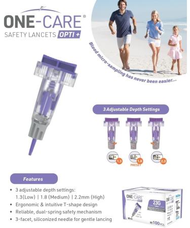 ONE-CARE Opti+ Adjustable Safety Lancets 23G - Preloaded Sterile & Gentle - 100 Pack with 3 Depth Settings - Buy Online on GoSupps.com