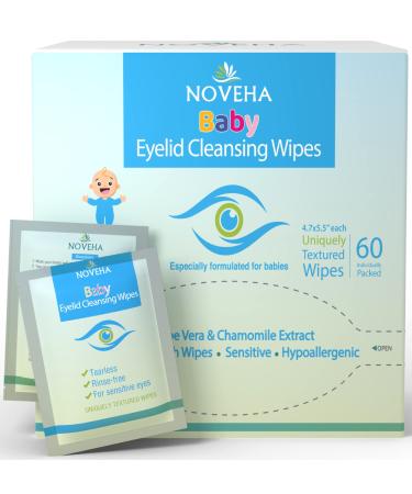NOVEHA Sensitive & Hypoallergenic Baby Eyelid & Lash Wipes | Safe & Natural For Lashes and Eyelids, Pack of 60 Pre-moistened Sterile Wipes, Dermatologist & Pediatrician Recommended For Newborn
