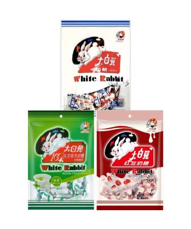 White Rabbit Chinese Creamy Candy Sweets Snacks (Pack of 3) (Milk Green Tea Red Bean)