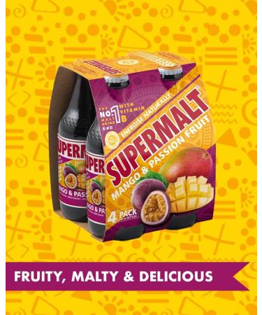 SUPERMALT | Mango & Passion Fruit Malt Drink | Alcohol-Free | Premium Malt Drink with B Vitamins | Pack of 24 x 330ml Bottles - Buy Online on GoSupps.com