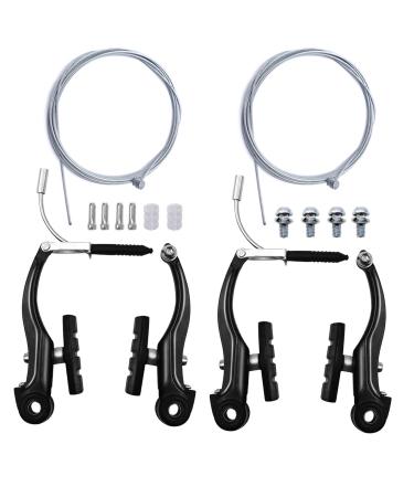 Hmseng 2 Pairs Bike Brakes, Universal Complete V Bike Brakes Set, Mountain Bike Replacement for Most Bicycle,Road Bike Brakes Cables with Front Back Wheels End Caps,End Ferrules -Black
