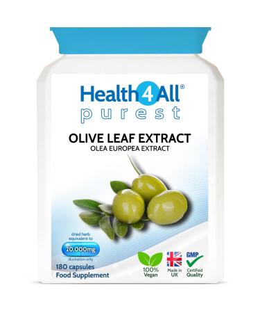 Health4All Olive Leaf Extract 180 Capsules. Purest no additives Strong 40:1 20 000mg Equivalent Vegan Immune Support Blood Pressure and Cholesterol Support. 180 count (Pack of 1)
