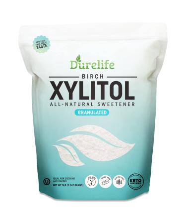 DureLife XYLITOL Sugar Substitute 5 LB Bulk (80 OZ) Made From 100% Pure Birch Xylitol NON GMO - Gluten Free - Kosher, Natural sugar alternative, Packaged In A Resealable zipper lock Stand Up Pouch Bag 5 Pound (Pack of 1)