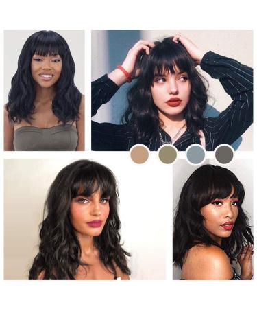 Morvally Short Black Wavy Bob Wig with Bangs 16 Inch - Natural Synthetic Hair for Women - Buy Online on GoSupps.com