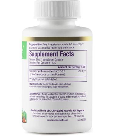 Paradise Herbs Eleuthero - 120 Vegetarian Capsules for Energy & Wellness - Buy Online on GoSupps.com