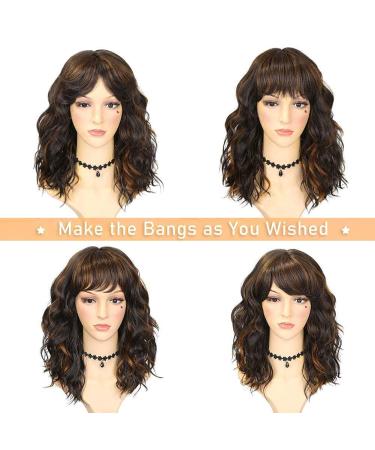 WIGNEE Natural Wave Ombre Brown Curly Bob Wig with Bangs - 14 Inch Shoulder Length Synthetic Wig for Black Women with Mixed Brown Highlights - Buy Online on GoSupps.com
