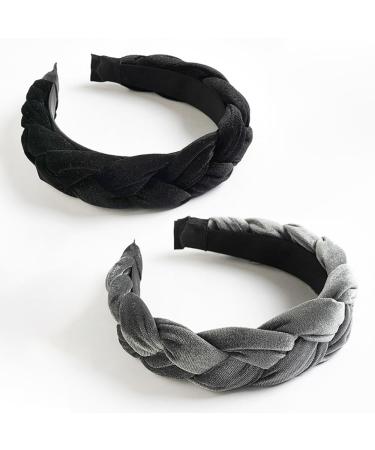 Braid Headband Thick Padded Headbands Wide Solid Hairbands Twist Vintage Fashion Hair Accessories Headbands for Women Girls Travel Dating Washing Face (2 Black/Grey) Black/Grey 2