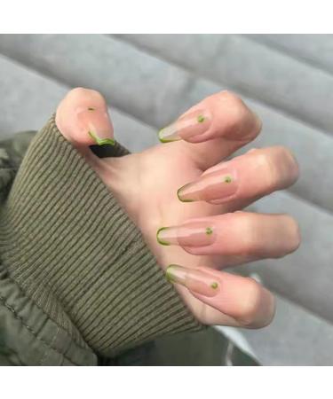 JUSTOTRY 24 Pcs Press on Nails Long Tender Green French Fake Nails with Designs Ballerina Stick on Nails for Women Acrylic False Nails with Glue for Nail Art Decoration Green &pink French