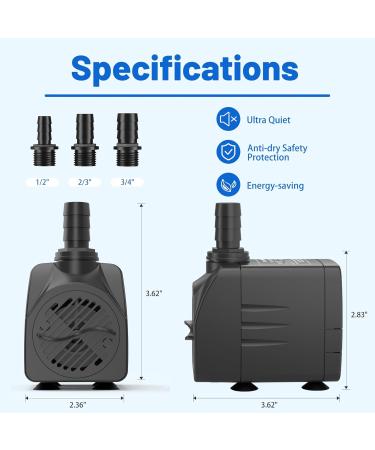 Knifel 400GPH Submersible Water Pump(1500L/H 25W) Ultra Quiet Fountain Pump with 6.5ft. High Lift Pond Pump for Fish Tank Pond Aquarium Statuary Hydroponics. - Buy Online on GoSupps.com