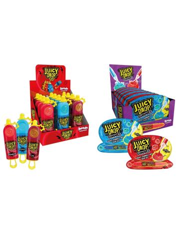 Juicy Drop Pop Lollipops - 12 Pack of 3 Flavours - 6 Blue Raspberry - 4 Strawberry - 2 Cola & Juicy Drop Gummies - 12 Packs of 2 Flavours - Strawberry - Raspberry | Sour Sweets | Sweets in Bulk + Gummies - 12 Packs of 2 Flavours