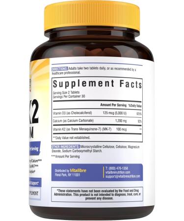 Vitalibre D3 K2 Calcium Supplement for Women & Men Vitamin D3 5000 IU Calcium 1200 mg MK-7 High Absorption for Strong Bones Teeth Heart Immune Health 60 Tablets - Buy Online on GoSupps.com