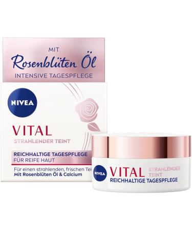 NIVEA NIVEA VITAL Radiant Complexion Rich Day Care for Mature Skin (50ml) Moisturizing Cream with Rose Petals Oil and Calcium Face Care for Enhanced Skin