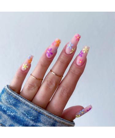 Sethexy coffin flower false nails spring stick on the nails naked pink art false fingernails 24st acrylic you press nails for women and girls (b)