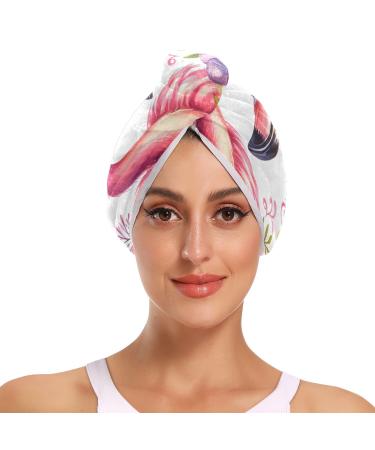 Flamingo Wearing Sunglasses Floral Wreath Hair Towel 2 Pack Super Absorbent Hair Drying Towel Quick Dry Hair Turbans Head Towel with Button Twisty Wrap for Women Girls