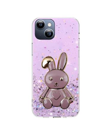 Miagon Rabbit Glitter Stand Case for iPhone 15 Bling Transparent Soft TPU Protective Slim Shockproof Cover with Heart Bunny Holder Kickstand iPhone 15 Purple