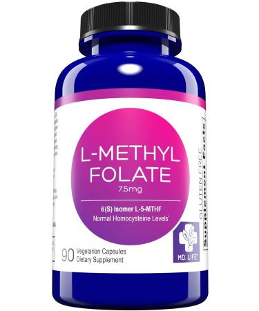MD. Life L-Methylfolate 7.5 mg - Active Folate 5 Mthfr Support Supplement Professional Strength Methyl Folate - Essential Amino Acids & Brain Supplement- 90 Vegan Capsules 90 Count (Pack of 1)