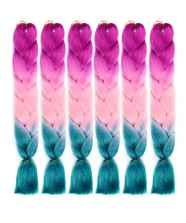 SHUOHAN 6 Packs Ombre Jumbo Braiding Hair Extensions 24 Inch High Temperature Synthetic Fiber Hair Extension for Box Braids Crochet Braids Braiding Hair (Purple red to Light pink to Lake blue)