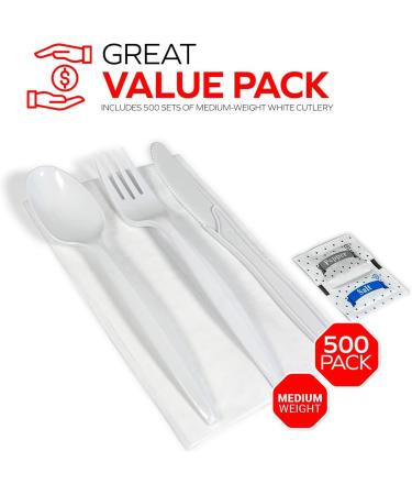 Value Plus (500 Count) 6 Piece Medium Heavy Disposable Cutlery Set White Knife Fork Spoon Napkin Salt and Pepper Sachet Individually Wrapped Cutlery Kits Bulk Plastic Cutlery Set - Buy Online on GoSupps.com