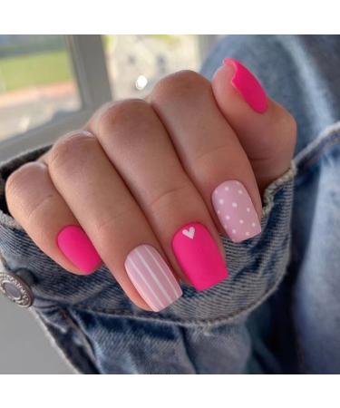 Gifts for Valentine s Day Short square Barbie Pinks Nails with love pattern  women Press on nail fashion false nail (Barbie Pink)
