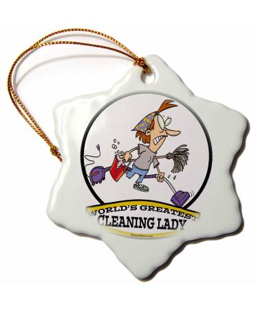 3dRose orn_103043_1 Funny Worlds Greatest Cleaning Lady Cartoon-Snowflake Ornament 3-Inch Porcelain 3 inch Snowflake Porcelain Ornament