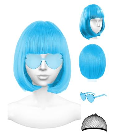 PLANTURECO Light Blue Wig and Party Sunglasses Color Bob Wig Cosplay Wigs and Party Wigs Rainbow Wig with Neon Glasses Blue Wigs for Women - Bachelorette Party Wigs Decorations Favors (Light Blue)