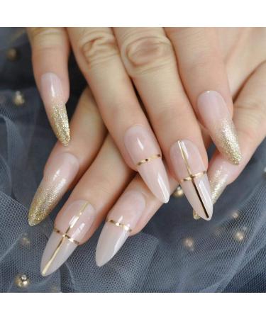 Buy Hujl Beige French Press On Nails Super Long Natural Sharp Design with Sequins & Golden Cross-Line - Buy Online on GoSupps.com