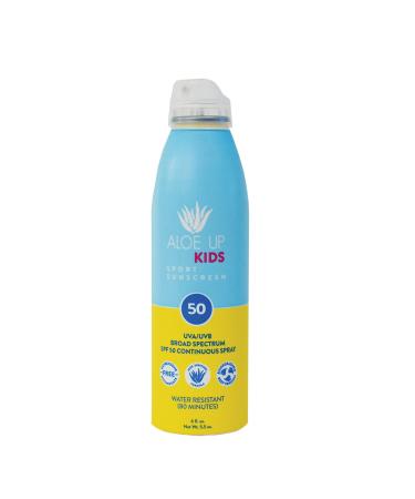 Aloe Up Kids SPF 50 Sunscreen Spray - Gentle Children Sport Sunscreen Protects from UV with Aloe/Quick-drying  Non-greasy Spray Safe for Face or Body  even on Toddlers/Reef Safe  made in USA / 6oz