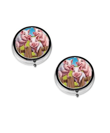 (Funny Cute Pig) Round Pill Box 3 Compartment Pill Box Mini Decorative Pocket Purse Portable Travel Medicine Tablet Vitamin Holder Organizer Pill Case