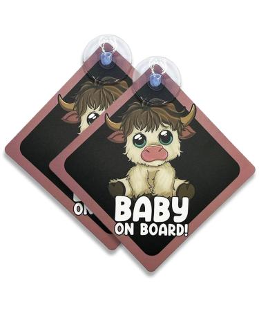 Litltle Ducklings 2 pcs Baby on Board Car Warning Baby on Board Sticker Sign for Car Warning with Suction Cups (Highland Cow)