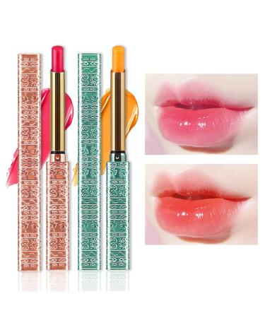 2 Pcs Color Changing Lipstick PH Lip Balm Rich in Vitamin E for All-Day Moisture Temperature Change Long Lasting Moisturizer Waterproof Korean Lip Balm Jelly Crystal Carrot Discoloration Lipstick Set Strawberry 2 Count (...