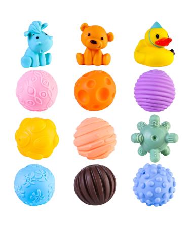 FANELEQU 12 Pack Sensory Toy Set 9 Baby Sensory Balls 3 Animal Buddies Baby Teething Toys Baby Bath Toys Toddler Ball with Textured Baby Toys with Squeeze for Boys Girls