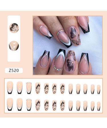 Medium Length Coffin Nude Butterfly Glitter Press on Nails - 24Pcs/Set - Buy Online on GoSupps.com