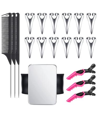 12 Pieces Silver Hair Selecting Ring and 6 Pieces Steel Pin Rat Tail combs and Clips with Magnetic Wrist, Hair Parting Tool with Wrist Magnetic Pin Holder Salon Set for Braiding Selecting Curling STYLE4