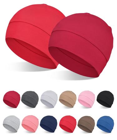 FocusCare 100% Bamboo Viscose Hats for Men Women Helmet Liner Lightweight Sleep Cap for Chemo Hair Loss 2 Red & Burgundy