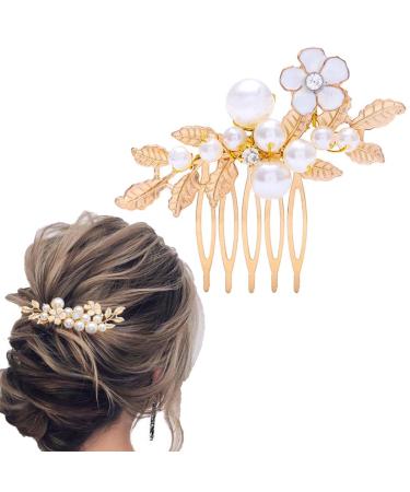 Fairvir Bridal Wedding Hair Combs Gold Flower Hair Accessories Hair Comb Pearl Leaf Combs Bridal Jewelry for Women and Girls(Gold)