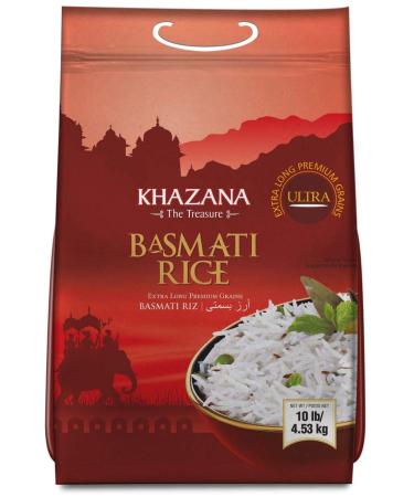 Khazana Premium Ultra Extra Long Basmati Rice - 10lb Resealable Zipper Bag | Aged Aromatic, Flavorful, Authentic Grain From India | GMO-Free, Gluten Free, Cholesterol Free & Kosher 10 Pound (Pack of 1)