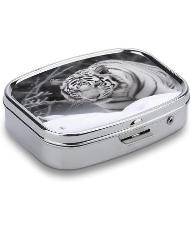White Tiger in Snow Print Pill Box | 2 Compartment Portable Medicine Organizer | Decorative Metal Pill Case for Travel - Buy Online on GoSupps.com