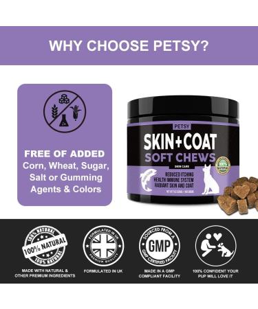 Petsy Skin & Coat Supplement for Dogs - Vitamin C, E, Zinc, Biotin, Omega 3 - Supports Healthy & Shiny Coat, Rejuvenates Skin, Natural Relief for Itchy Skin - Daily Use - Buy Online on GoSupps.com