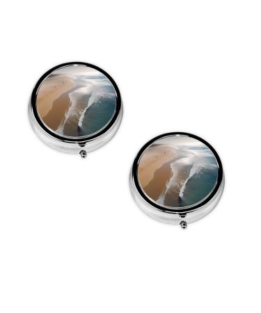 Beach Printed Mini Round Pill Box Pill Box 3 Compartment Medicine Pill Case Pill Organizer Travel Pillbox Portable Pill Box for Pocket Home Office Use