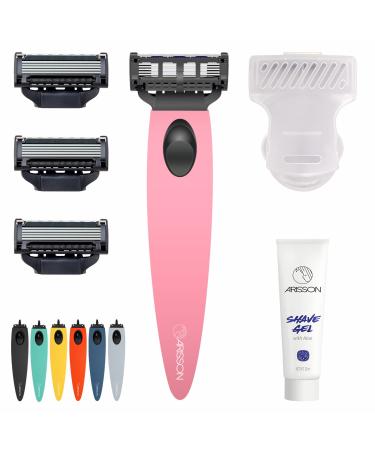 Arisson Men's Razors Set Includes 1 Ergonomic Design Razor Handle 4 Blade Refills Travel Blade Cover Shave Gel (Pink)
