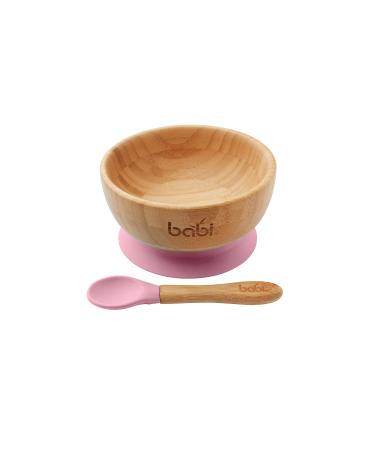 Babi Baby Toddler Large Bowl & Matching Spoon Set Natural Bamboo with Stay Put Silicone Suction Ring (Pink)