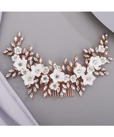 Chargances Wedding Brides Flower Crystal Hair Comb Bridesmaid Leaf Rhinestone Hair Vine Comb Handmade Hair Accessories for Women Girls Porm Head Pieces (Rose Gold)