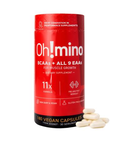 Oh!mino Essential Amino Acids Supplement Caffeinated Capsules All 9 EAAs BCAAs The Perfect Amino for Workouts Amino Energy and to Build Muscle and Recover Faster Caffeinated 180 Count (Pack of 1)