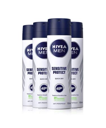 NIVEA MEN Anti-Perspirant Deodorant Spray Sensitive Protect Pack of 4 (4 x 150ml) Mens Antiperspirant Deodorant with 0% Alcohol 48 Hour Antiperspirant for Men Mens Deodorant Spray 150 ml (Pack of 4)