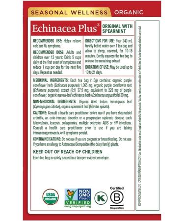 Traditional Medicinals - Organic Echinacea Plus Herbal Tea (Pack of 6) - Help Relieve Cold and Flu Symptoms - 96 Tea Bags Total Echinacea Plus 16 Count (Pack of 6) - Buy Online on GoSupps.com