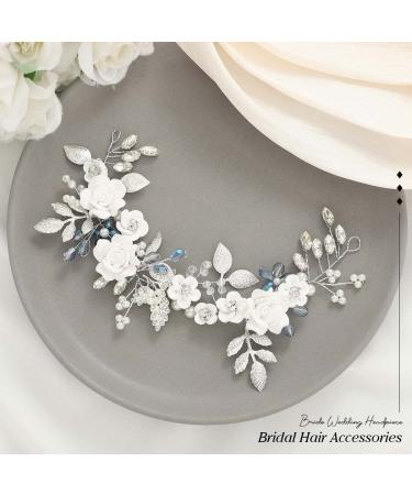 Unicra Flower Silver Bridal Hair Vine with Pearl and Blue Rhinestone Accessories - Buy Online on GoSupps.com