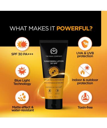 The Man Company Sunscreen Lotion Spf 30 For Men 100Ml Light Weight Infused With Green Tea Soyabean Blue Light Technology Broad Spectrum Pa +++ Uva Uvb Protection Matte Effect Toxin-Free - Buy Online on GoSupps.com