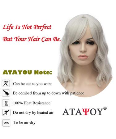 ATAYOU Ladies Short Wavy Silver Grey Wig - Full Bangs Soft Bob Style | Premium Quality Hairpiece - Buy Online on GoSupps.com