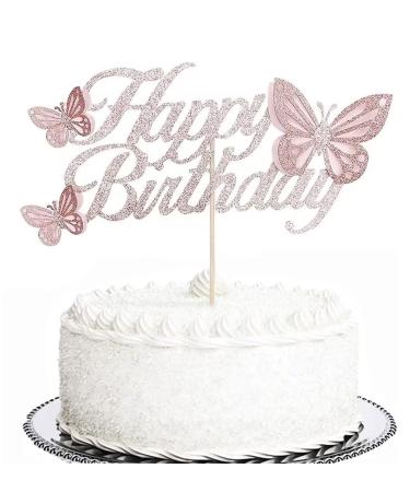 Glitter Double Sided Butterfly Happy Birthday Cake Topper Assembled Rose Gold Cake Toppers with 3d Butterflies Decorations for Girls Woman's Birthday Party Decor Supplies